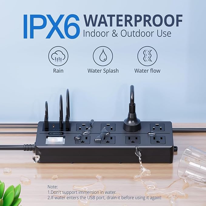 IPX6 Outdoor Power Strip Weatherproof, Waterproof Surge Protector with 8 Wide Outlet with 2A2C USB Ports, 10FT Long Extension Cord, Wall Mountable for Outside Decorations and More UL Listed(Black)-DeskLoop Office