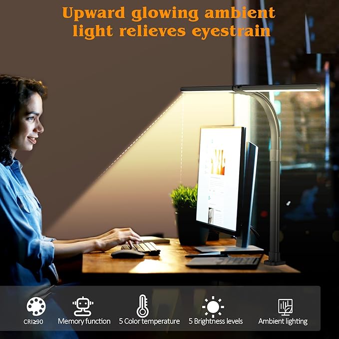 Led Desk Lamp for Home Office,24W Bright Eye-Caring Desk Light with Clamp,5 brightness and 5 temperatures Dimmable Workbench Task Light, Adjustable Gooseneck Table Lamp for Monitor Study(black)-DeskLoop Office