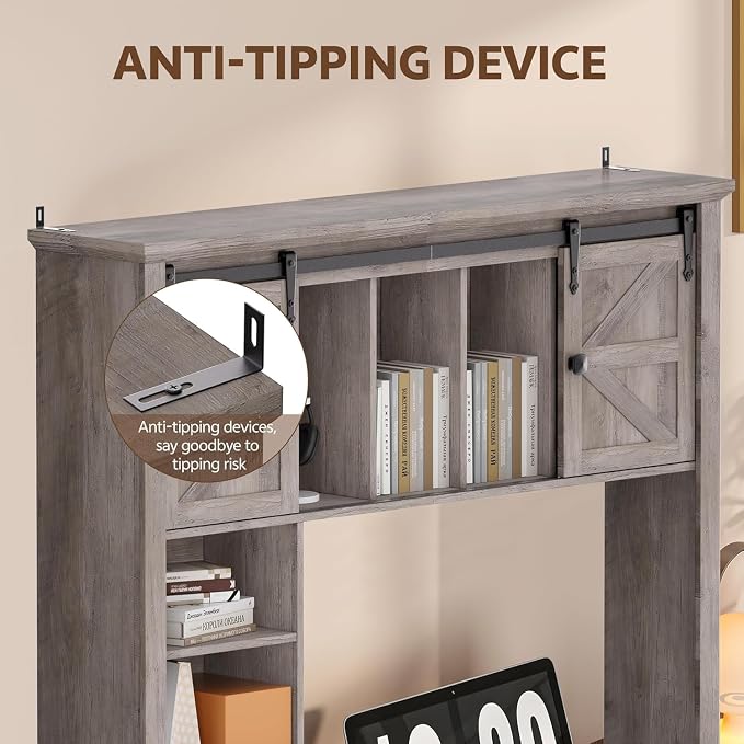 Large Desktop Bookshelf with Sliding Barn Door, 47.2''W Desk Shelf Display Rack - Image 5