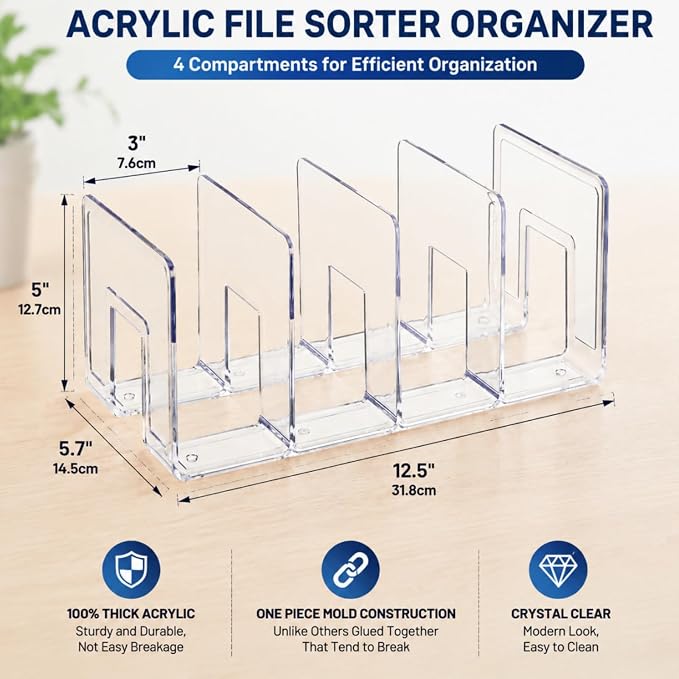 Lawei 4 Pack Acrylic File Sorter, 4-Section Clear Desktop File Folder Holder - Image 2