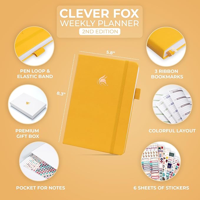 Clever Fox Planner 2nd Edition – Colorful Weekly & Monthly Goal Planner, Time Management & Productivity Organizer, Undated, A5 (Amber Yellow)-DeskLoop Office