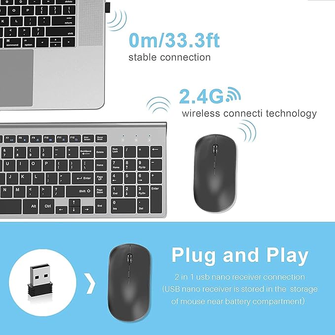JOYACCESS Wireless Keyboard and Mouse,2.4G Ergonomic and Slim Wireless Computer Keyboard Mouse Designed for Windows, PC, Laptop,Tablet - Black Grey-DeskLoop Office
