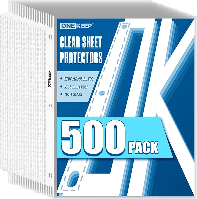 500 Pack Sheet Protectors, Top Loading Reinforced 3-Hole Page | Protectors by ONEKEEP