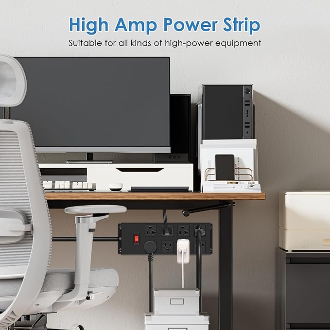 JUNNUJ Heavy Duty 20 Amp Power Strip, Garage 8 Outlets Metal 12 Gauge Surge Protector 3000J, High Amp 5-15P Adapter Shop 6-20R T-Slot Industrial Outlets (8AC, 10FT)-DeskLoop Office