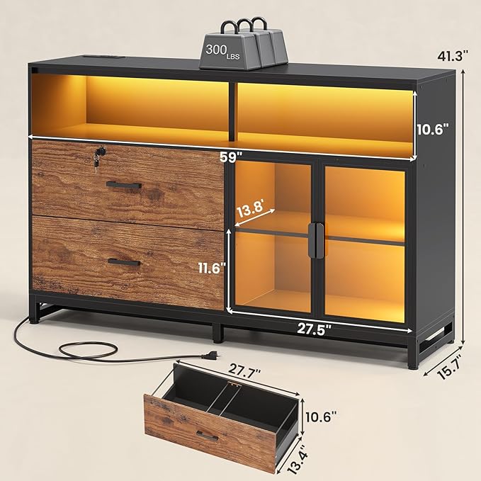 SEDETA 59" File Cabinet, 2 Drawers Filing Cabinets for Home Office fit Legal/Letter/A4 File, File Cabinet with Lock & Power Outlets, Printer Stand with Storage & LED Lights, Rustic Brown-DeskLoop Office