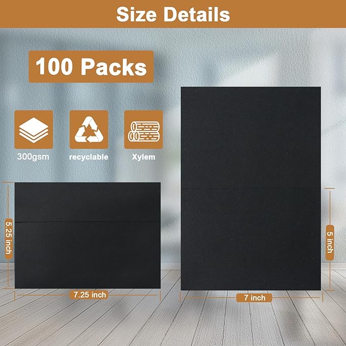 100 Packs Black Blank Note Cards and Envelopes 5 x 7 Heavyweight Folded Cardstock and A7 Envelopes Self Seal for Wedding Invitations, DIY Greeting Card, Thank You Cards, Birthday