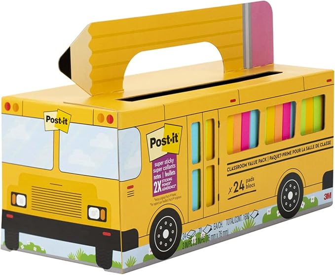 Post-it Super Sticky Notes Value Pack, 24 Pads, Convenient School Bus Carry and Storage Case, 2X The Sticking Power, 3x3 in, Bright Colors (Orange, Pink, Blue, Green, Yellow), Recyclable (654-24SSBUS)-DeskLoop Office