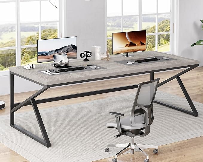 HSH 78 Inch Long Home Office Desk, Extra Large Grey Computer Desk for 2 Person, Industrial Wooden and Metal Executive Work Writing Study Gaming Desk Table, Modern Bedroom PC Laptop Desk Double Desk-DeskLoop Office