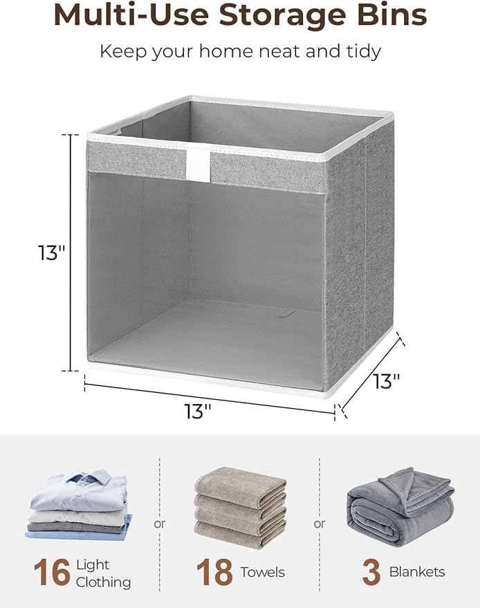 StorageWorks 13x13 Storage Cubes, Closet Storage Bins with Clear Window, Large Fabric Organizer for Clothes, Collapsible Storage Baskets with Handles, Gray, 3-Pack-DeskLoop Office