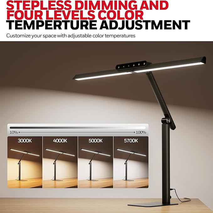 Honeywell LED Desk Lamp with Base - HJ1BK Sunturalux Eye-Caring Architect Desk Lamp for Home Office, 1200LM Computer Desk Light 4 Color Modes Stepless Dimming Task Desk Light with Timer Function Black-DeskLoop Office