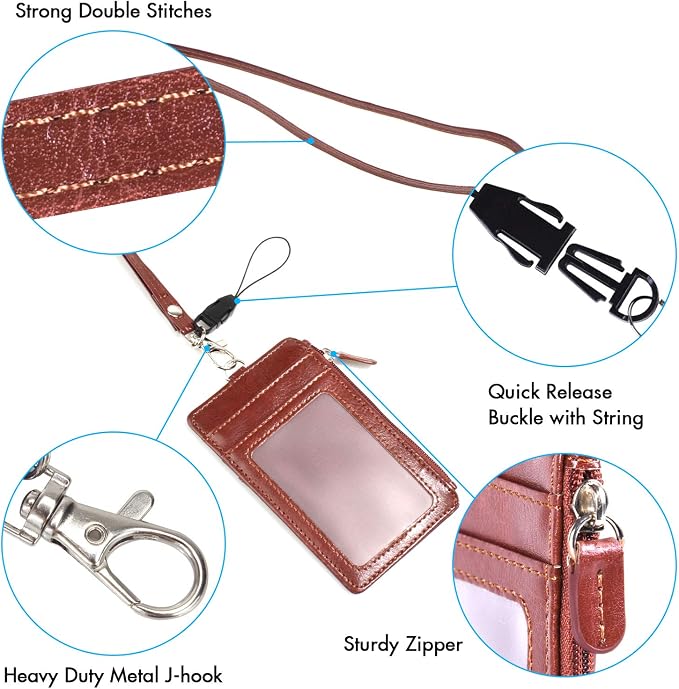 Badge Holder with Zip, Wisdompro 2-Sided Vertical Style PU Leather ID Badge - Image 3