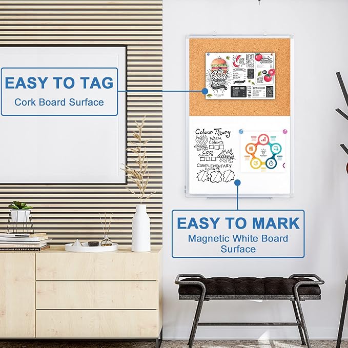 Magnetic White Board and Cork Board Combo, 36 X 24 inches Whiteboard Bulletin - Image 6