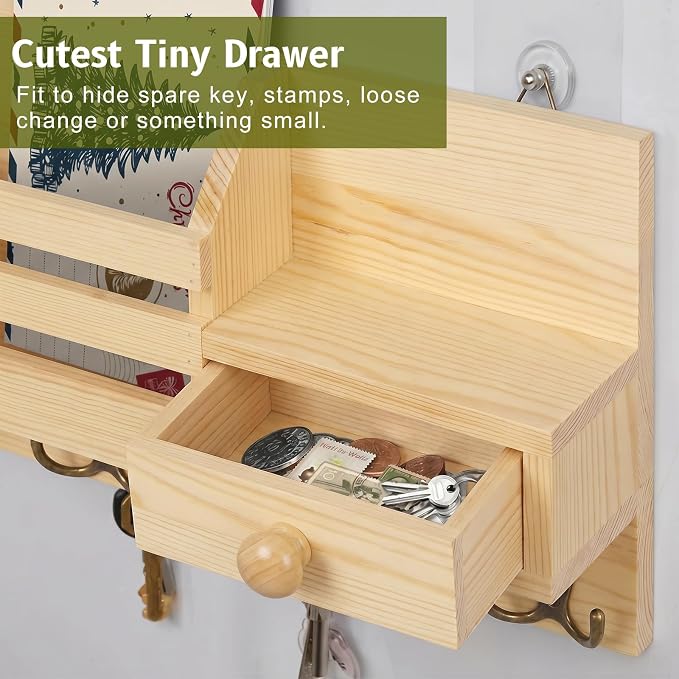 Key Holder Wall Mount, Wooden Adhesive Mail and Key Organizer - Image 4