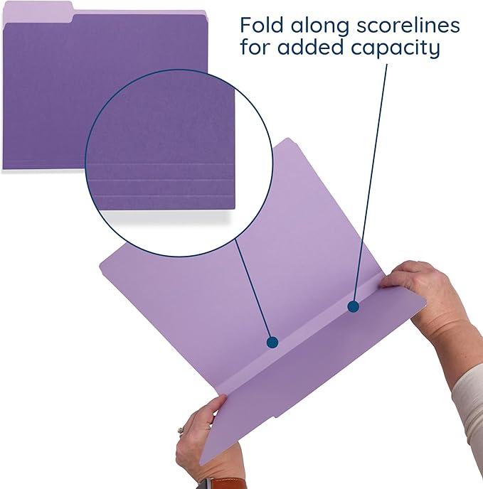 100 Blue Summit Supplies Purple File Folders Letter Size 1/3 Cut, Two-Tone Purple Folders, Durable 11pt Paper, Assorted Tabs, Holds Letter Size Documents