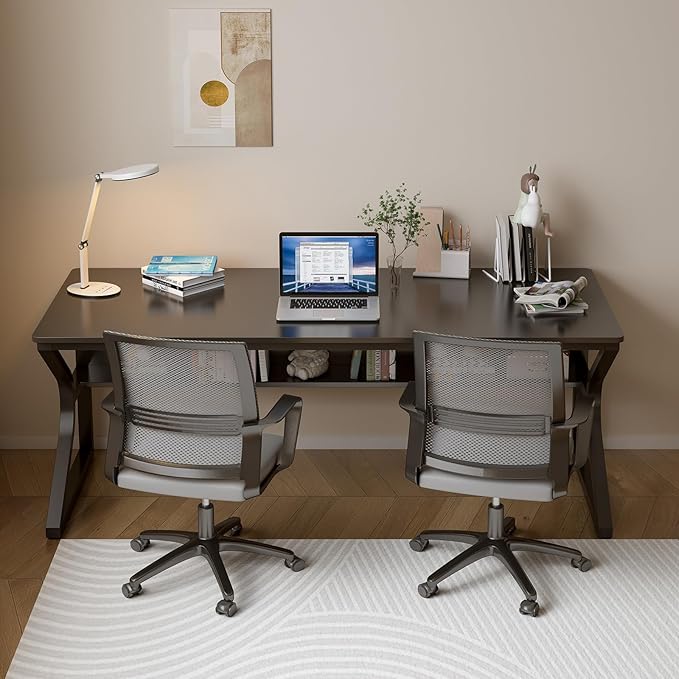 Extra Long Desk with Bookshelf - 63" Double Long Writing Table for 2-Person Workstation, Modern Study Work Computer Desk for Home and Office, Black-DeskLoop Office