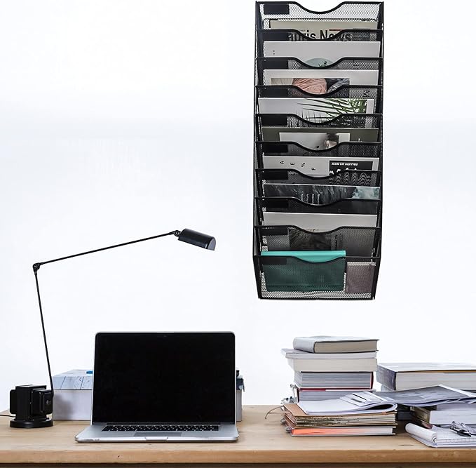 EASEPRES 10 Pocket Mesh Hanging Wall File Organizer, Wall Mounted Mail Paper Document Folder Holder, Clipboard Storage Organization Magazine Rack with Nametag Label for Office Home School, Black-DeskLoop Office