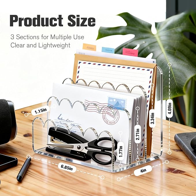 Acrylic Mail Organizer for Desk, 3-Compartment Clear Letter Sorter - Image 2