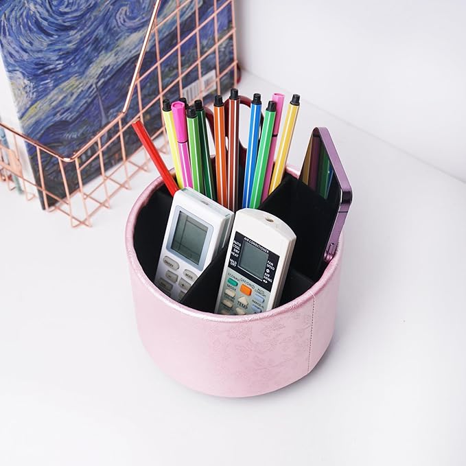 lizimandu Round Leather Art Supply Organizer,Remote Control Holder,360 Degree Spinning,Multi-Functional Pencil Holder,4 Compartments Desktop Stationary Organizer(1-Liuli Pink)-DeskLoop Office