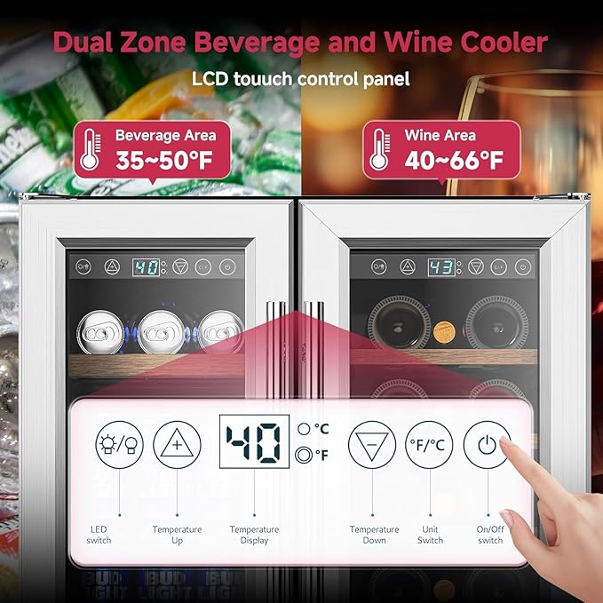 24" Wine and Beverage Refrigerator, Dual Zone Wine Cooler with Glass Door, Hold 88 Cans & 21 Bottles, Built in or Freestanding Under Counter Wine Fridge with Blue LED Light.-DeskLoop Office