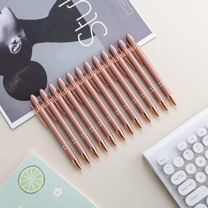 PASISIBICK 12 Pieces Rose Gold Ballpoint Pen with Stylus Tip, 2 in 1 Rose Gold Stylus Pens Stylish Pen, Metal Stylus Pen for Touch Screens, 1.0 mm Black Ink(Pack of 12)-DeskLoop Office