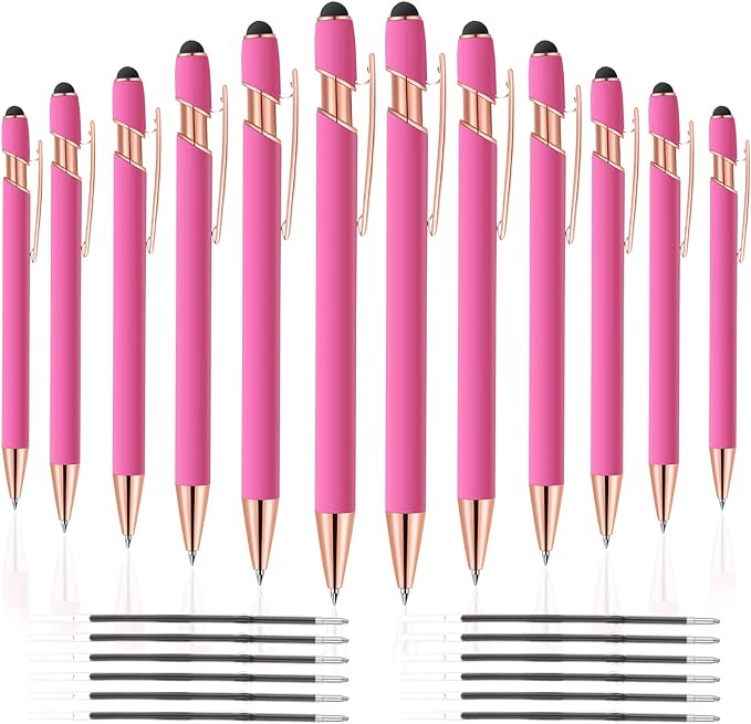 12 PCS 2 in 1 Stylus Ballpoint Pen with Stylus Tip, 1.0 mm Black Ink Metal Pen Stylus Pen for Touch Screens (Rose Gold & Pink)-DeskLoop Office