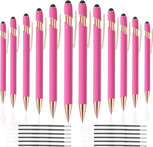 12 PCS 2 in 1 Stylus Ballpoint Pen with Stylus Tip, 1.0 mm Black Ink Metal Pen Stylus Pen for Touch Screens (Rose Gold & Pink)-DeskLoop Office