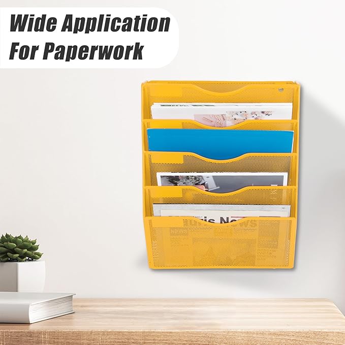 EASEPRES 5 Pocket Mesh Hanging Wall File Organizer, Wall Mounted Mail Paper Document Folder Holder, Clipboard Storage Organization Magazine Rack with Nametag Label for Office Home School, Yellow-DeskLoop Office