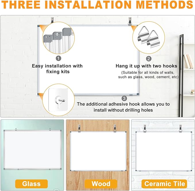 H-Qprobd White Board Dry Erase Whiteboard for Wall 24x18 (3pcs) Magnetic Boards for Office Classroom & Home, Small Wall Whiteboard Including 6 Markers, 10 Magnets, 2 Erasers & 15 Adhesive Hooks-DeskLoop Office