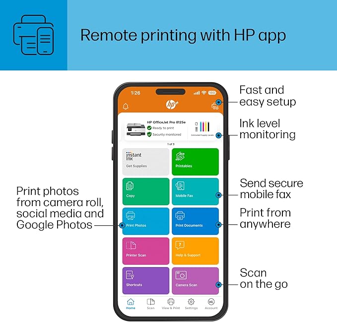 HP OfficeJet Pro 8125e Wireless All-in-One Color Inkjet Printer, Print, scan, Copy, ADF, Duplex Printing, Home & Office, 3 Months of Instant Ink Included (405T6A)-DeskLoop Office