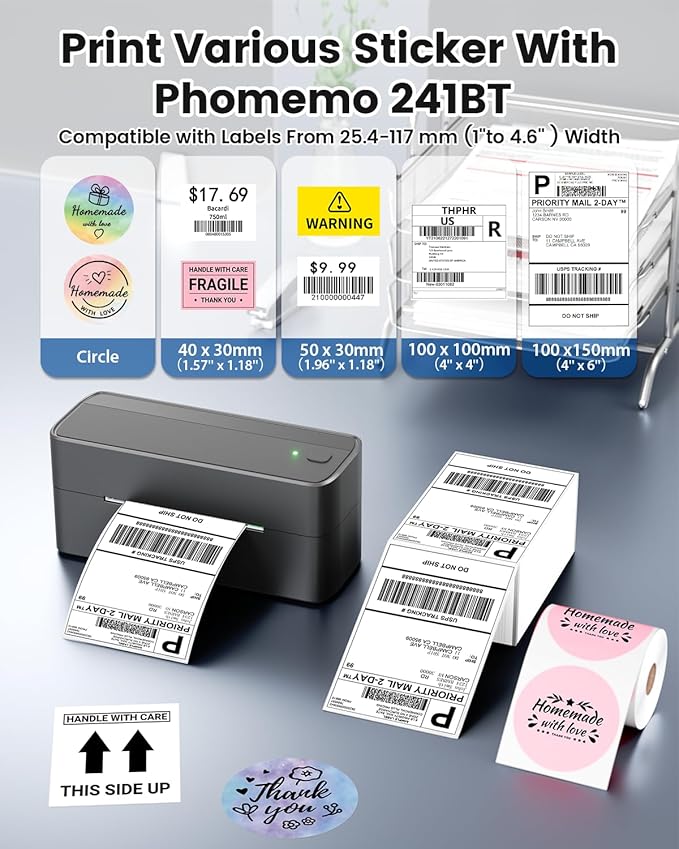 Phomemo Bluetooth Shipping Label Printer, 241BT 4X6 Wireless Thermal Printer for Samll Business, Label Printers for Shipping Package, Compatible with iPhone, Android, Amazon, Shopify, UPSP, Gray-DeskLoop Office