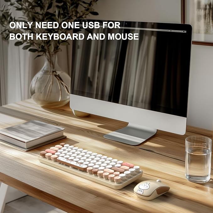 FOPETT Wireless Keyboard and Mouse Cute Mouse and Keyboard 2.4G Wireless Keyboards with Colorful 68 Keys Typewriter Retro Round Keycap for PC, Laptop,Tablet,Computer Windows - Milk Tea Colorful-DeskLoop Office
