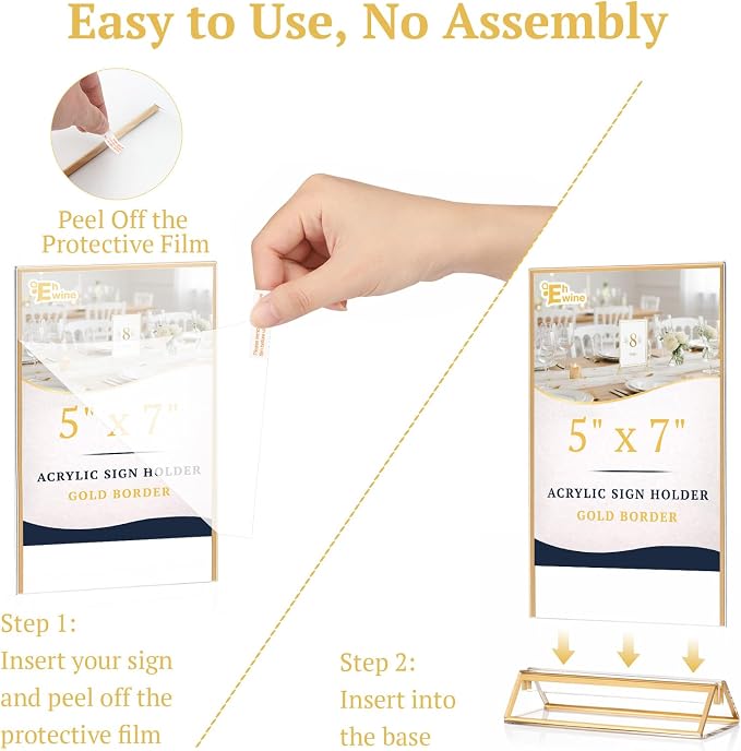 EHWINE 6 Pack Acrylic Sign Holder 5 x 7, Double Sided Gold Picture Frame Stand - Image 7