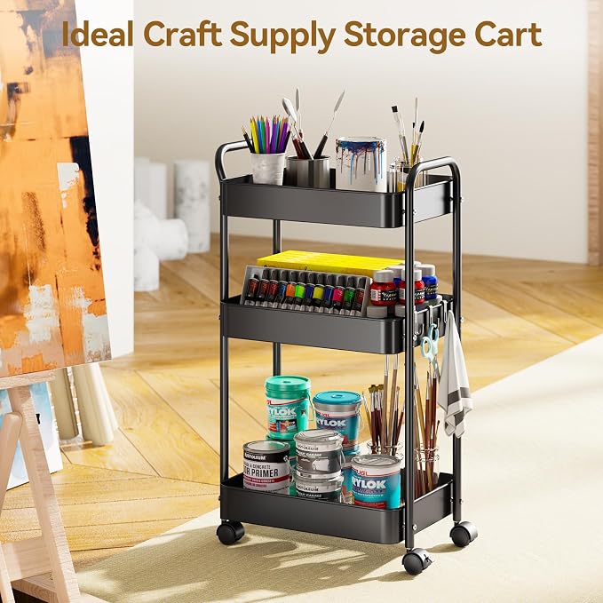 YASONIC 3-Tier Metal Rolling Cart, Sturdy Storage Utility Carts - Image 6