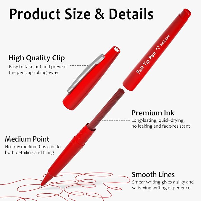 Lelix Felt Tip Pens, 30 Red Pack, 0.7mm Medium Point, Felt Tip Markers Pens - Image 3