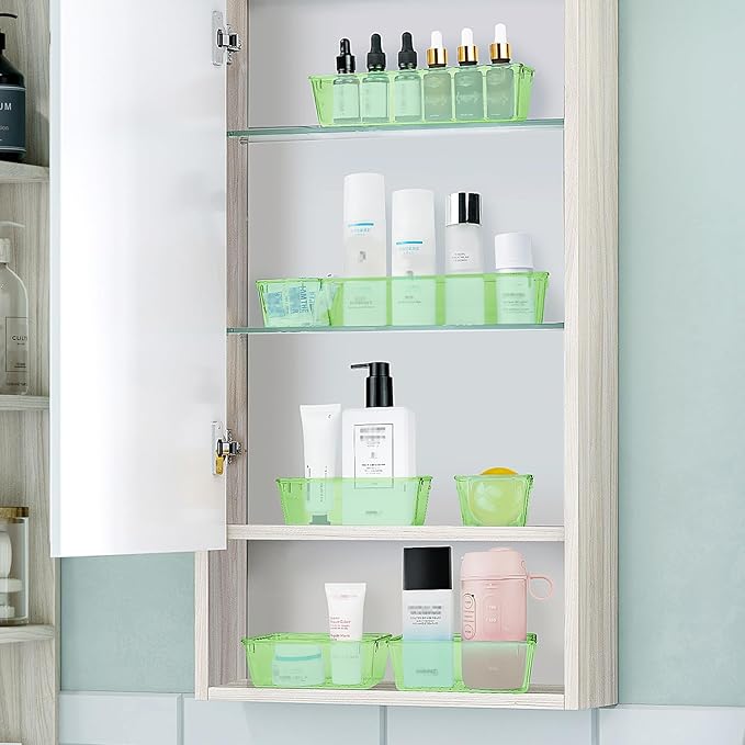 WOWBOX 25 PCS Plastic Drawer Organizer Set, 4 Sizes Desk Drawer Divider Organizers and Storage Bins for Makeup, Jewelry, Gadgets for Kitchen, Bedroom, Bathroom, Office, Clear Green-DeskLoop Office