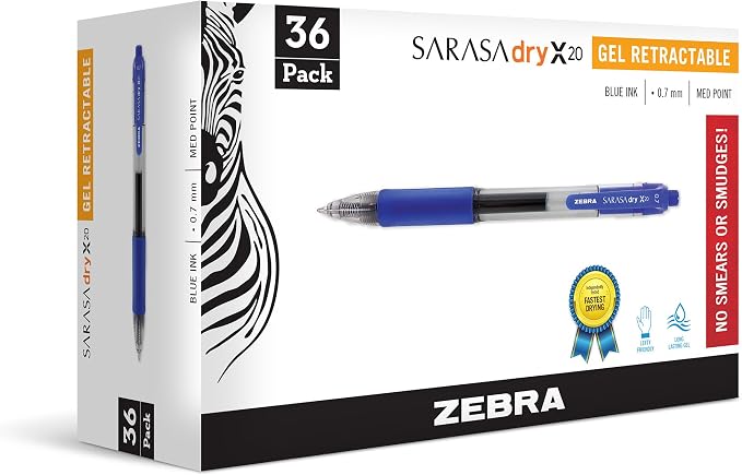 Zebra Pen Sarasa Dry X20 Retractable Gel Pens, 0.7mm Medium Point, Eliminates by ZebraPen