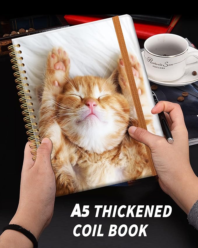 Ruled Spiral Writing Notebook,A5 Hardcover Lined College Journal for Women Lady Girl,Cute Strong Twin-Wire Binding with Premium Paper,8.4" X 6",Perfect for School,Office,Home Gifts(Sleeping Cat)-DeskLoop Office