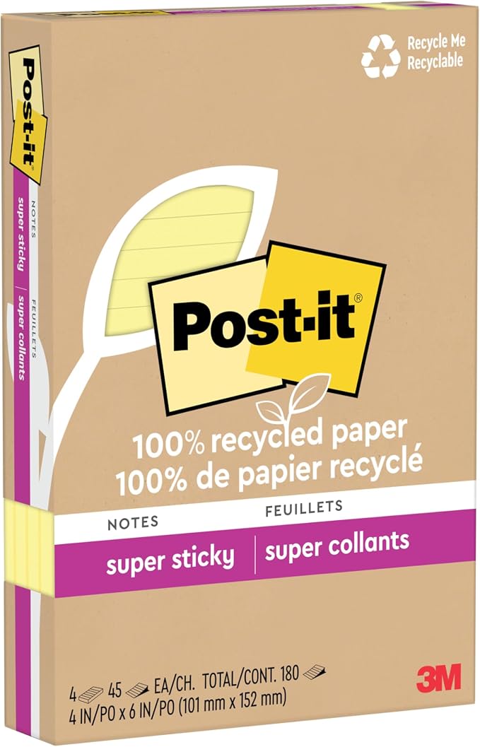 Post-it 100% Lined Recycled Super Sticky Notes, 4 x 6 in, 4 Pads | School - Image 10