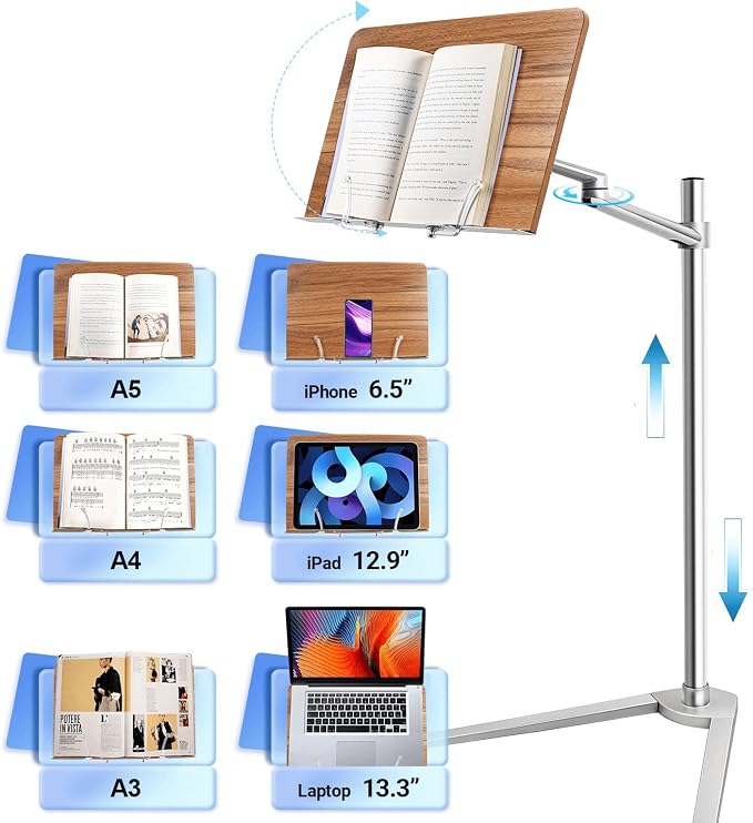 Bookstand, Rotating Holder for Laptop/Tablet/Phone, 2 Spring Clips - Image 4