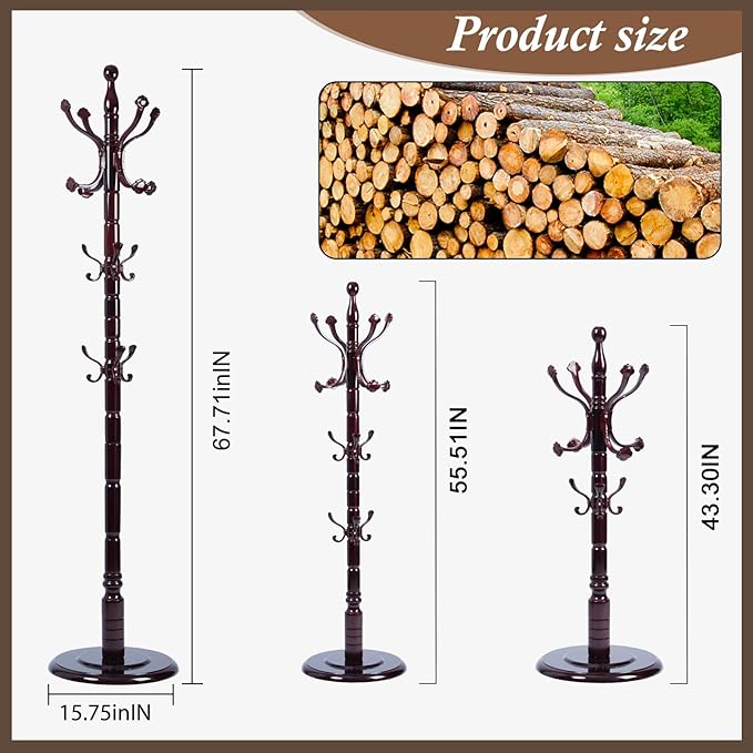 Wooden Coat Rack Freestanding, Vintage Coat Racks with Sturdy Round Base, Adjustable Height 37.40"-72.83" Entrance Coat Rack for Bedroom Living Room Entryway (Rosewood Ruyi Hook)-DeskLoop Office
