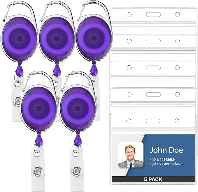 5 Pack Id Badge Holder With Clip – Transparent Purple Badge Reels with Id by WillWell