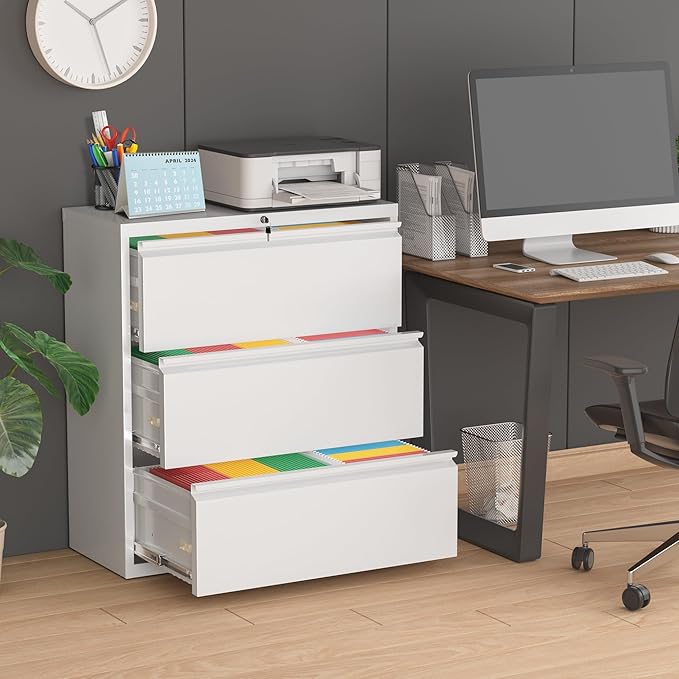 Superday Lateral File Cabinet 3 Drawer Metal File Cabinet with Lock, White Filing Cabinets for Home Office, Locking Filing Cabinets Hanging Files Letter/Legal/F4/A4-DeskLoop Office