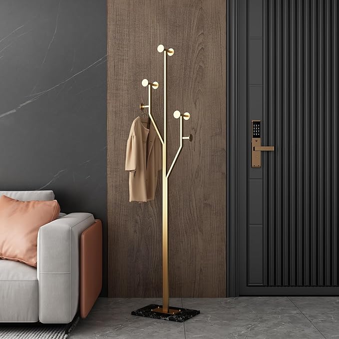 Heavy Duty Coat Rack Tree-shaped Metal Freestanding Coat Tree with Sturdy Marble Base Corner Coat Rack for Bedroom Entryway Hallway 14.96 x 10.24 x 68.9 Inches (Gold)-DeskLoop Office
