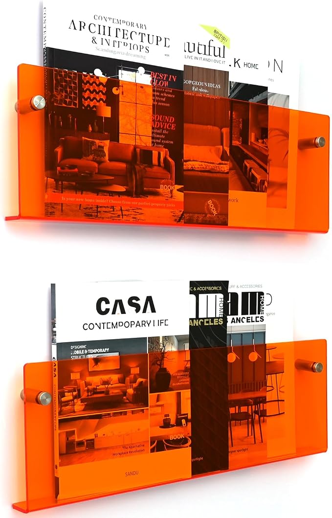 2 Pack Orange Acrylic Magazine Holder, Wall Mount Hanging Bookshelf Literature by XOHYW