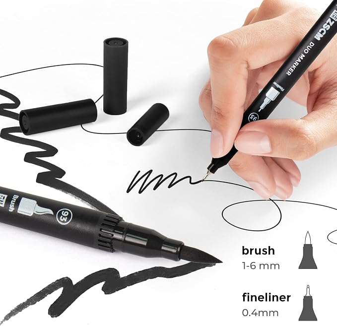 ZSCM Black Duo Tip Marker Pens, 12 Pack Fine & Brush Markers - Image 2