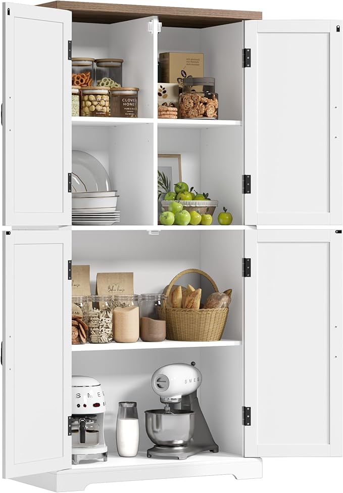 HOSTACK 64" Tall Pantry Cabinet, Modern Farmhouse Kitchen Pantry, Wood Bathroom Storage Cabinet, Large Bookcase, 4 Doors|Adjustable Shelves, for Dining Room, Living Room, Home Office, White-DeskLoop Office