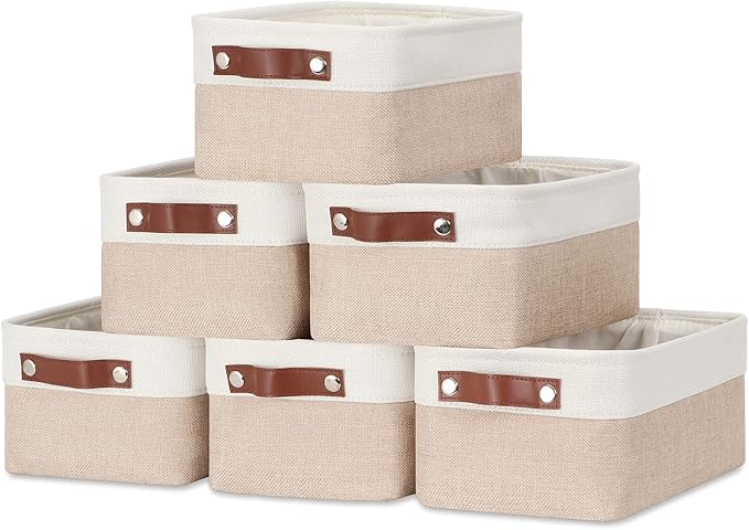 DULLEMELO Small Storage Bins, Storage Baskets for Organizing, Collapsible Rectangular Fabric Baskets for Shelves, Closets, Nursery, Home, Office, Empty Gift Baskets (6-Pack, White&Khaki)-DeskLoop Office