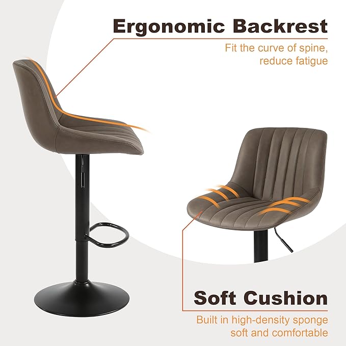 Bar Stools Set of 2, Swivel Counter Height Barstools with Back, Adjustable Faux PU Leather Bar Chairs, Modern Armless Kitchen Island Stool, Brown-DeskLoop Office