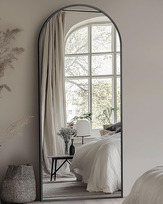 Full-Length Floor Mirror with Stand, 58"x19" Arched Style Full Body Standing Mirror for Bedroom, Living Room, Gym, Dorm - Shatter-Resistant & Easy Assembly, Black-DeskLoop Office