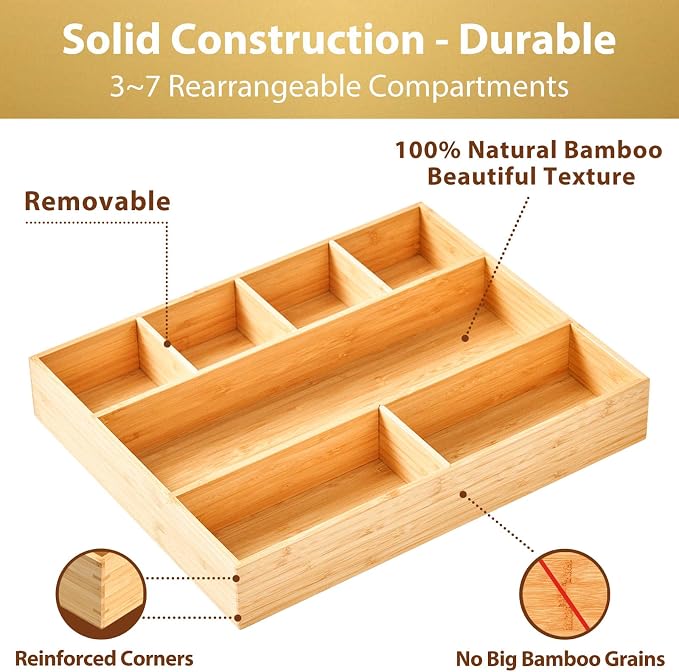 Umilife Large Bamboo Desk Drawer Organizer, Wood Office Junk Tray - Image 5